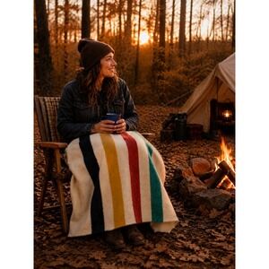 Vtg Wool Throw Blanket Polar Star Stripe Retro Camp Rustic Cabin Cutter 44x69